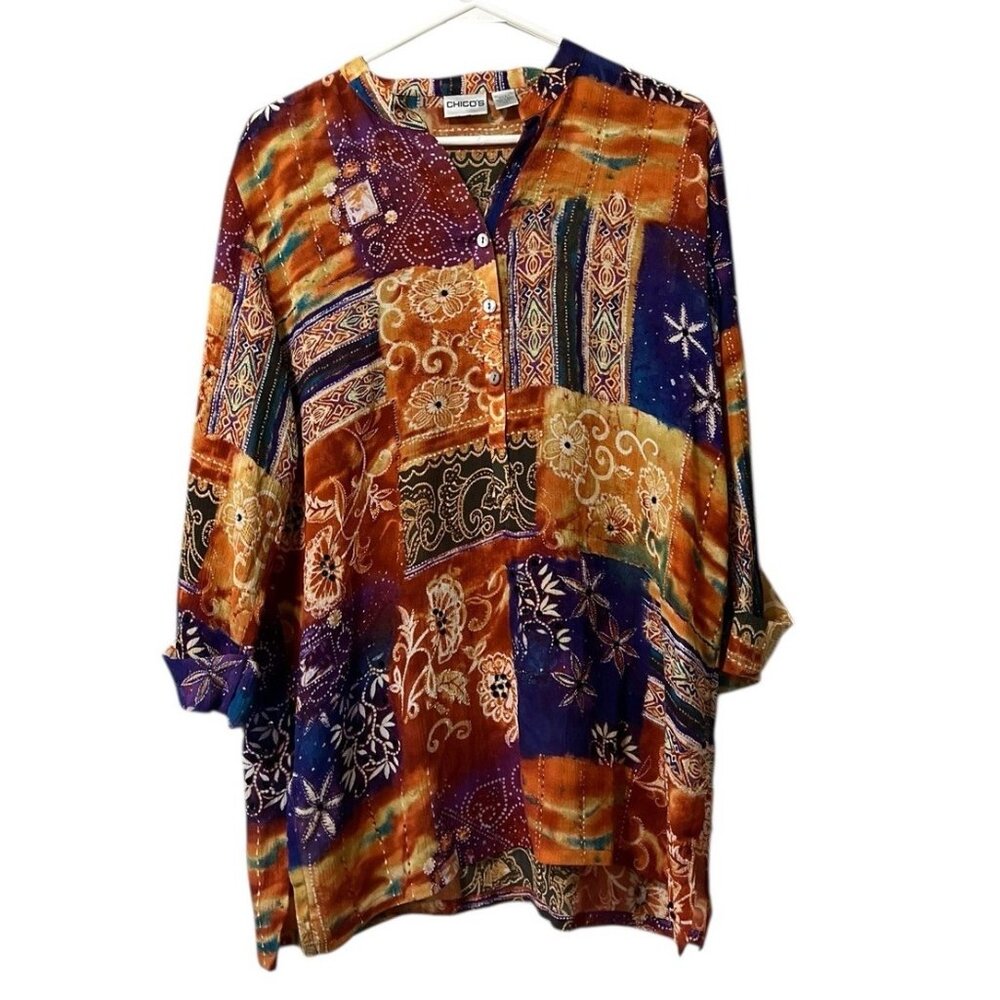Chico's Silk Tunic‎ Size 1 Colorful Floral Art-To-Wear V-Neck Shirt Lightweight
